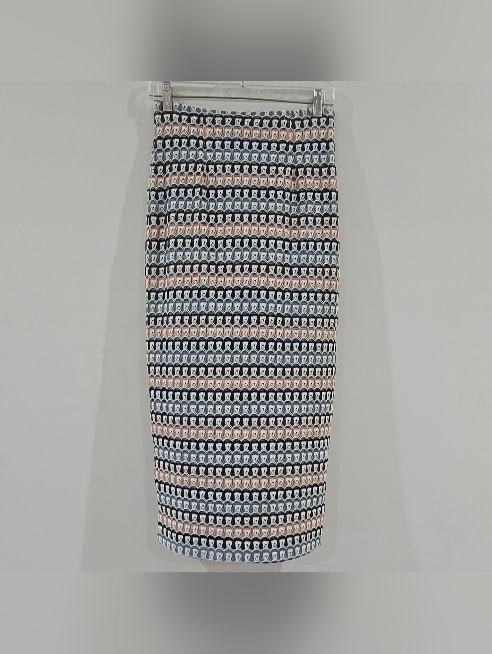 DR2 Geometric Multicolor Knit Pencil Midi Skirt Stretch Slit Pull On Size S